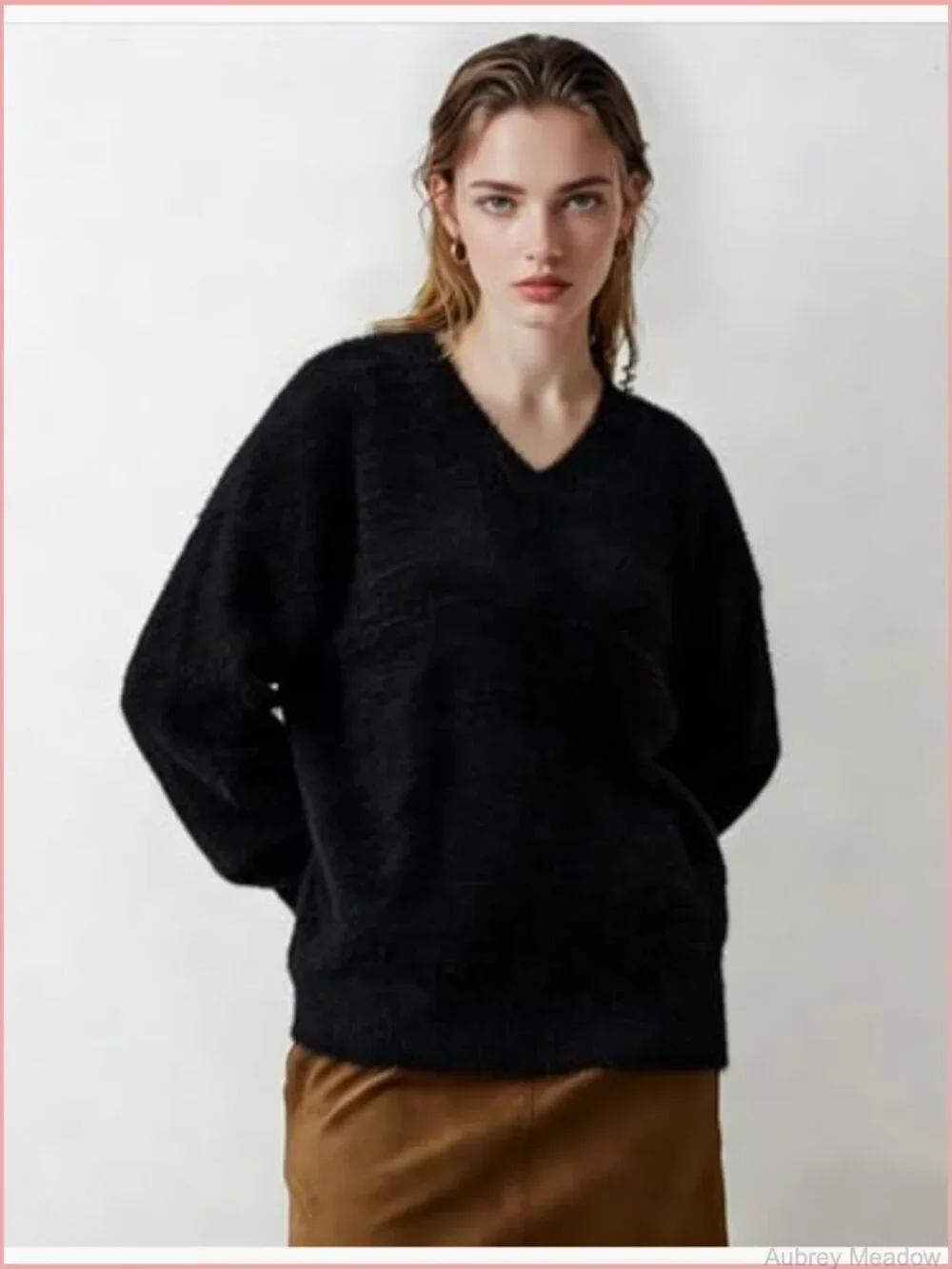 V Neck Long Sleeve Soft Chunky Pullover Sweater Loose Slouchy Fluffy Jumper